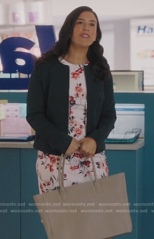 Shannon's white floral sheath dress on Kims Convenience