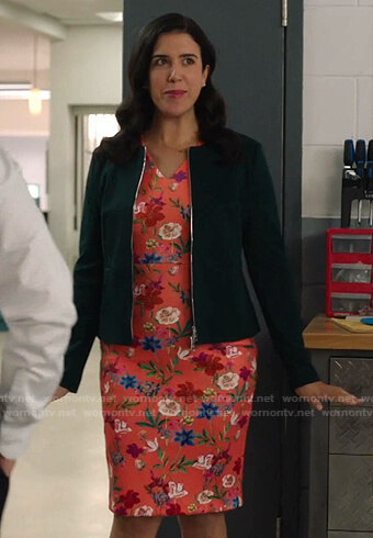 Shannon’s coral floral print sheath dress on Kims Convenience