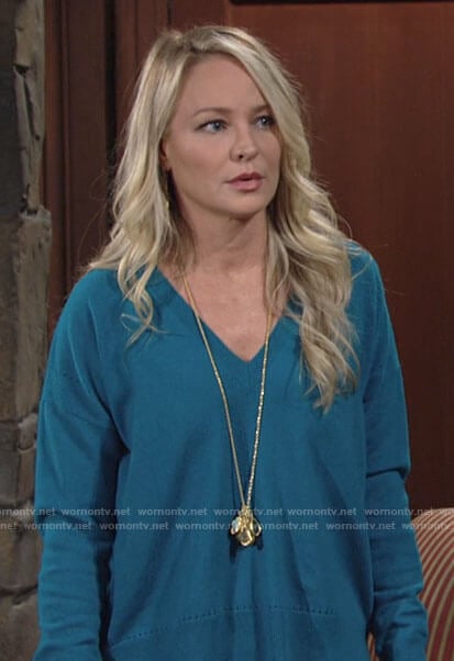 Sharon's teal blue v-neck sweater on The Young and the Restless