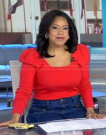 Sheinelle's red puff sleeve square neck sweater on Today