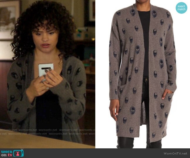 Skull Cashmere Harper Skull Print Open Cardigan worn by Maggie Vera (Sarah Jeffery) on Charmed