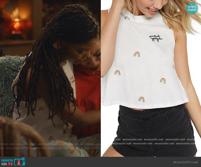 Rainbow Print Cropped Tank by Spiritual Gangster worn by Skylar Forster (Halle Bailey) on Grown-ish