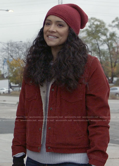 Stella's red sherpa trim jacket on Chicago Fire