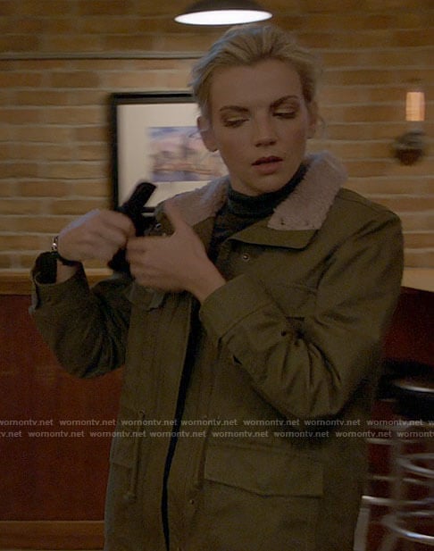 Sylvie’s green jacket with pink sherpa collar on Chicago Fire