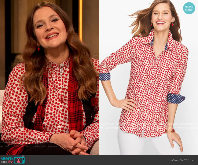 Classic Cotton Shirt with Dotted Hearts by Talbots worn by Drew Barrymore on The Drew Barrymore Show