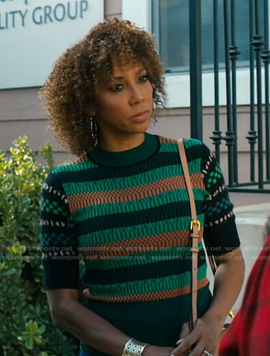 Tami's green geometric print sweater on American Housewife