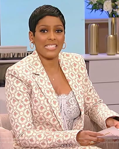 Tamron's floral blazer with lace bustier top on Tamron Hall Show