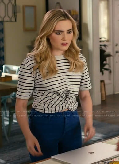Taylor's light grey striped twist front tee on American Housewife