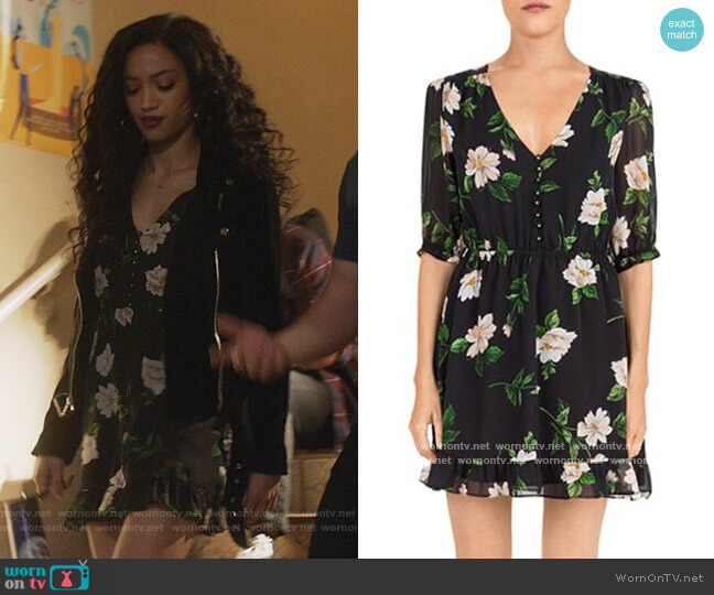 Floral-Print Silk Mini Dress by The Kooples worn by Olivia Baker (Samantha Logan) on All American