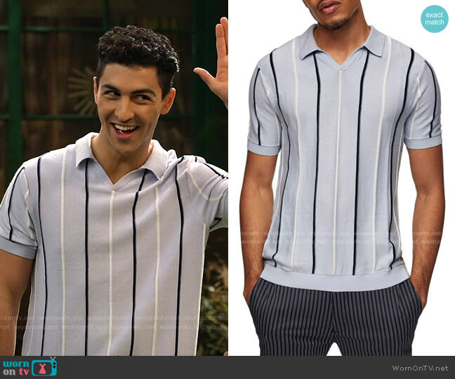 Rib Stripe Johnny Collar Polo by Topman worn by Parker Preston (Trevor Tordjman) on Bunkd