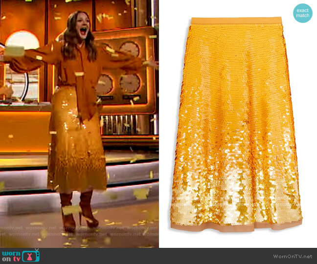 Sequin Embellished Skirt by Tory Burch worn by Drew Barrymore on The Drew Barrymore Show