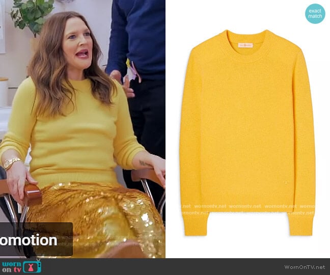 Cashmere Sweater With Sequins by Tory Burch worn by Drew Barrymore on The Drew Barrymore Show