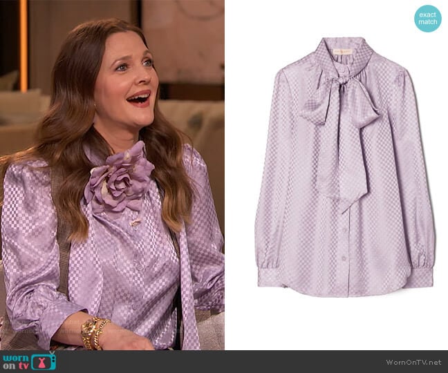 Textured Bow Blouse by Tory Burch worn by Drew Barrymore on The Drew Barrymore Show