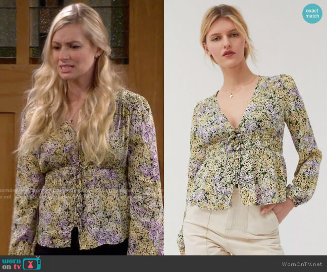 UO Hannah Button-Front Blouse worn by Gemma (Beth Behrs) on The Neighborhood