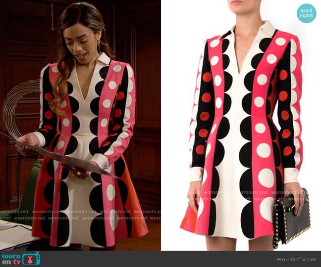 Valentino Carmen Stripe Dot Dress with Plunging Neck worn by Zoe (Kiara Barnes) on The Bold and the Beautiful