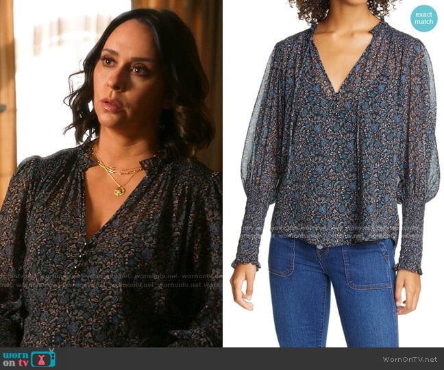 Jaz Floral Balloon Sleeve Chiffon Blouse by Veronica Beard worn by Maddie Kendall (Jennifer Love Hewitt) on 9-1-1