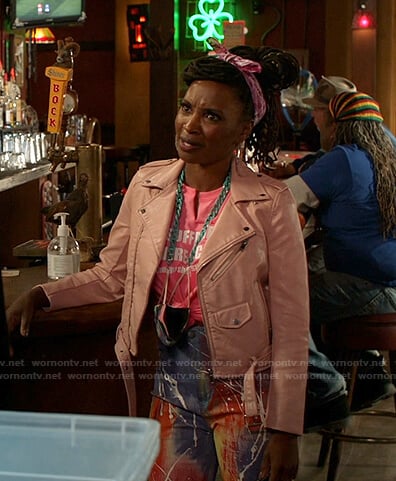 Veronica's pink moto jacket and tie dye jeans on Shameless