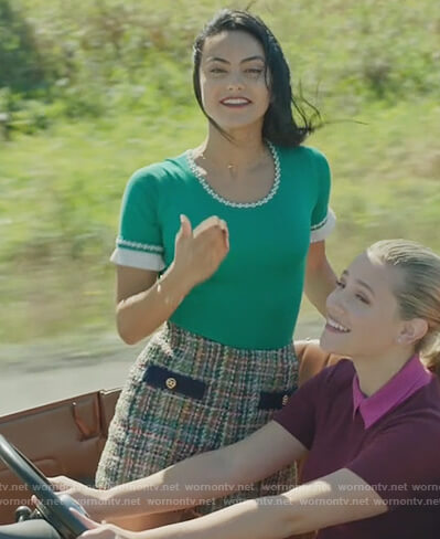 Veronica’s green ruffle trim sweater and tweed shorts on Riverdale