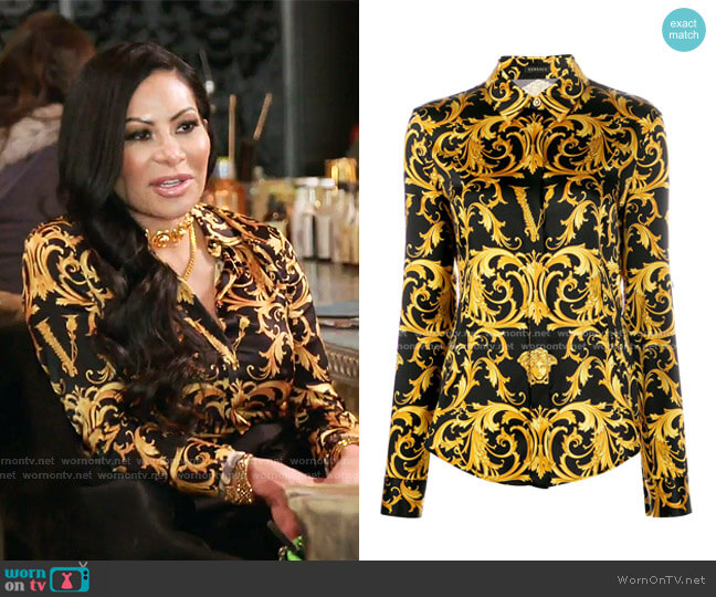Virtus Medusa Baroque Print Shirt by Versace worn by Jen Shah  on The Real Housewives of Salt Lake City