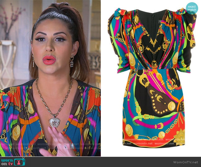 Barocco Rodeo print mini dress by Versace worn by Jennifer Aydin on The Real Housewives of New Jersey