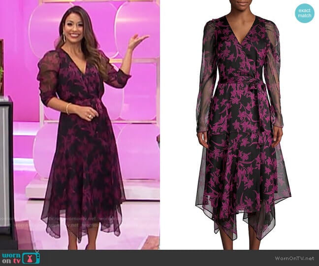 Vince Camuto Floral Handkerchief Midi Wrap Dress worn by Manuela Arbeláez on The Price is Right