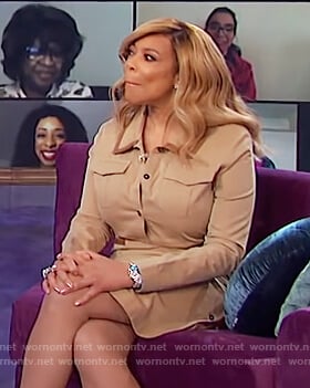 Wendy's beige shirtdress with leather trim on The Wendy Williams Show
