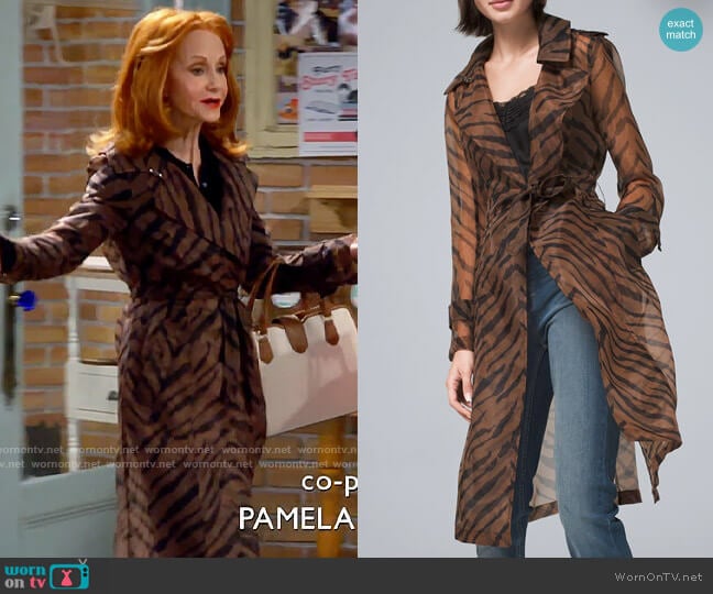 White House Black Market Organza Tiger Print Trench Coat worn by Sheila (Swoosie Kurtz) on Call Me Kat