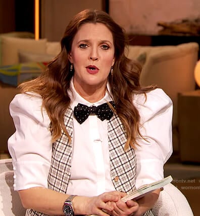 Drew’s white puff sleeve blouse on The Drew Barrymore Show