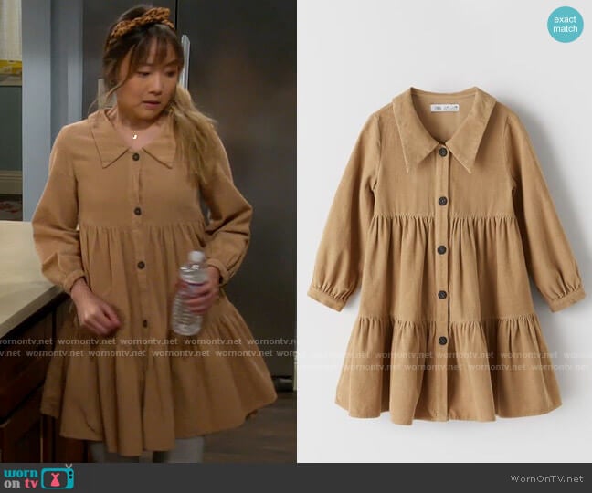 Zara Pleated Fine Wale Corduroy Dress worn by Jen (Krista Marie Yu) on Last Man Standing