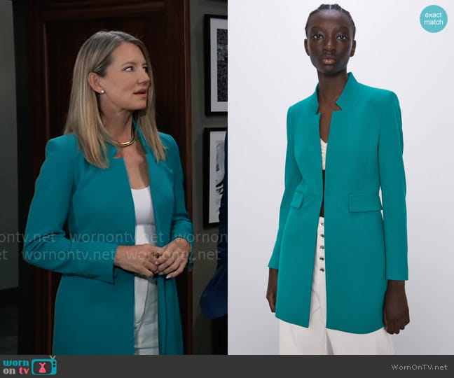 Zara Inverted Lapel Coat in Jade worn by Nina Reeves (Cynthia Watros) on General Hospital