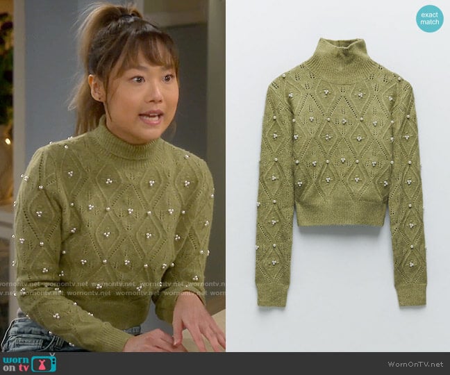 Zara Knit Sweater with Pearls worn by Jen (Krista Marie Yu) on Last Man Standing