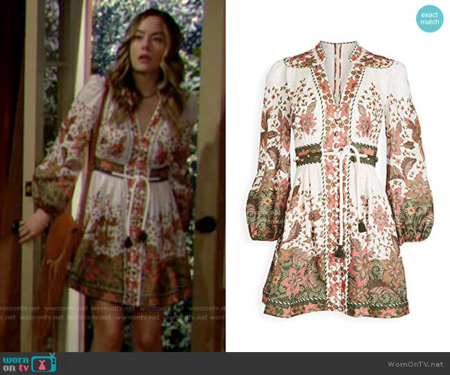 Zimmermann Empire Batik Linen Short Dress worn by Hope Logan (Annika Noelle) on The Bold and the Beautiful