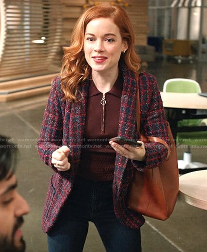 Zoey's brown zip neck polo sweater and tweed blazer on Zoeys Extraordinary Playlist