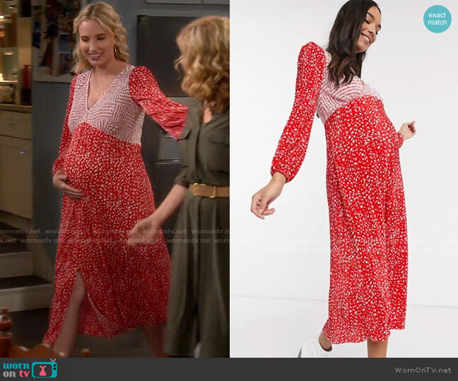 ASOS DESIGN Maternity plisse midi dress in red and white spot worn by Mandy Baxter (Molly McCook) on Last Man Standing