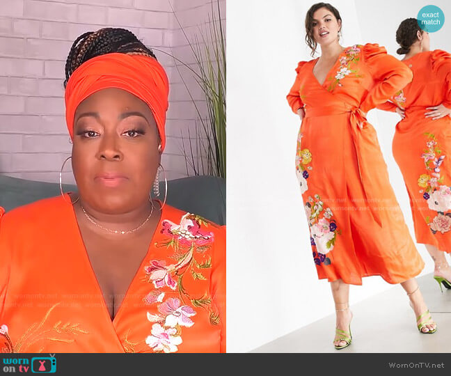 Curve Floral Embroidered Wrap Midi Dress by Asos worn by Loni Love on The Real