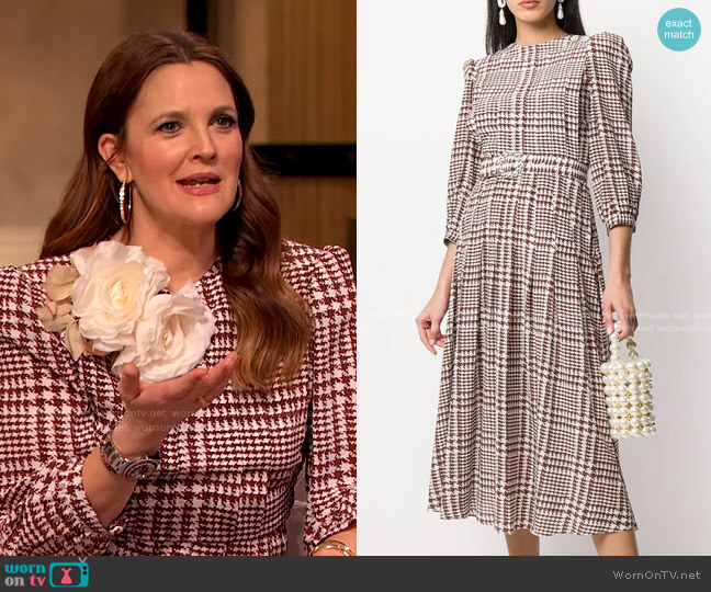 Tweed-Print Flared Midi Dress by Alessandra Rich worn by Drew Barrymore on The Drew Barrymore Show