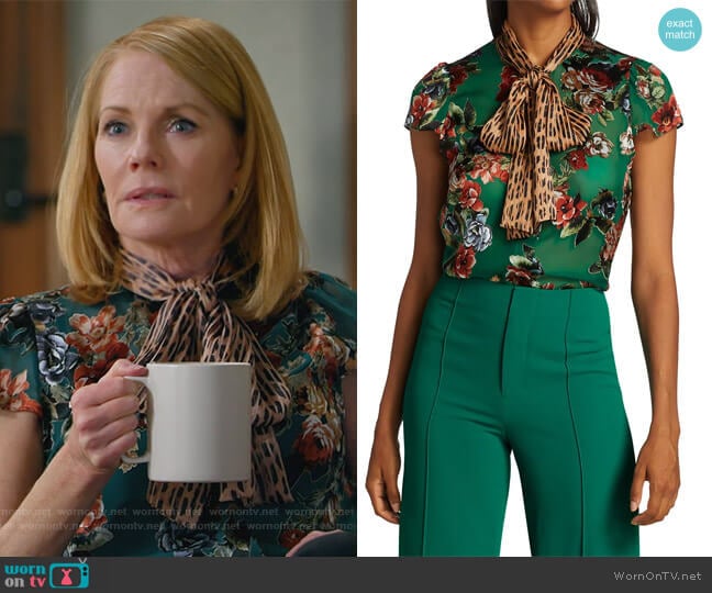 Jeannie Tie -Neck Leopard & Floral Blouse by Alice + Olivia worn by Lisa Benner (Marg Helgenberger) on All Rise