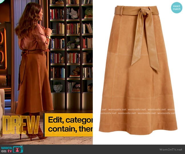 Martine Belted Suede Midi Skirt by Alice + Olivia worn by Drew Barrymore on The Drew Barrymore Show