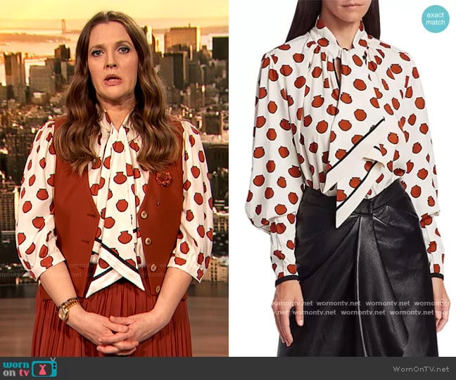 Ancient Anecdotes printed blouse by Johanna Ortiz worn by Drew Barrymore on The Drew Barrymore Show