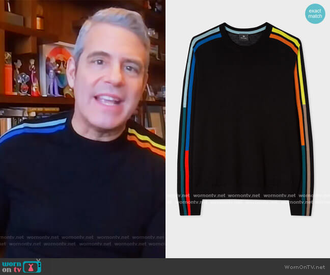 Black Merino Sweater With Intarsia Stripe Sleeves by Paul Smith worn by Andy Cohen on The Kelly Clarkson Show