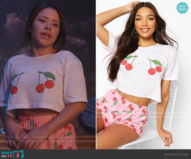 Pink Cherry Graphic Print Short PJ Set by Boohoo worn by Mariana Foster (Cierra Ramirez) on Good Trouble