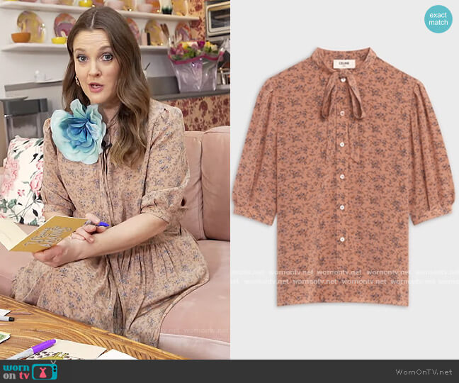 Blouse with Bow in Printed Crepe De Chine by Celine worn by Drew Barrymore on The Drew Barrymore Show