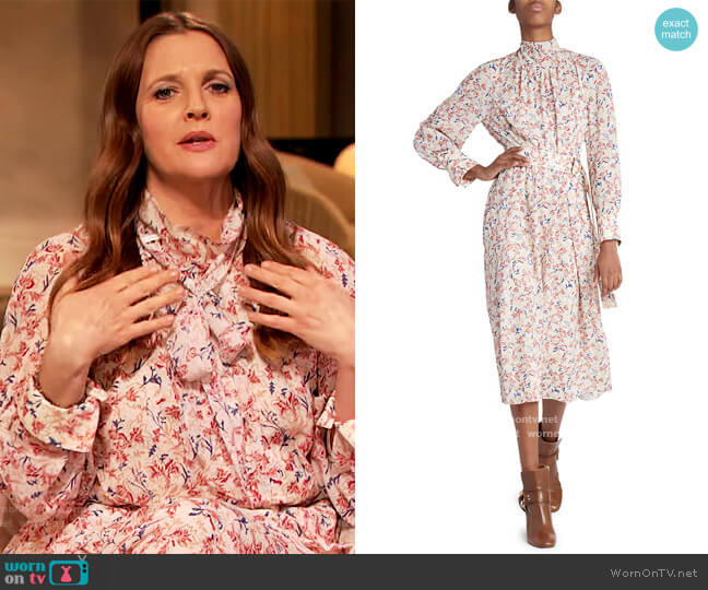 Belted Floral Silk Georgette Midi Dress by Chloe worn by Drew Barrymore on The Drew Barrymore Show