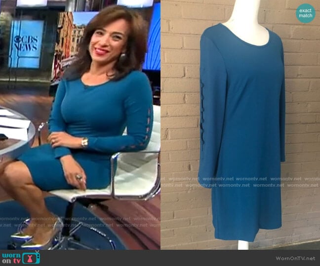 Cynthia Rowley Teal button sleeve stretch dress worn by Michelle Miller on CBS Mornings