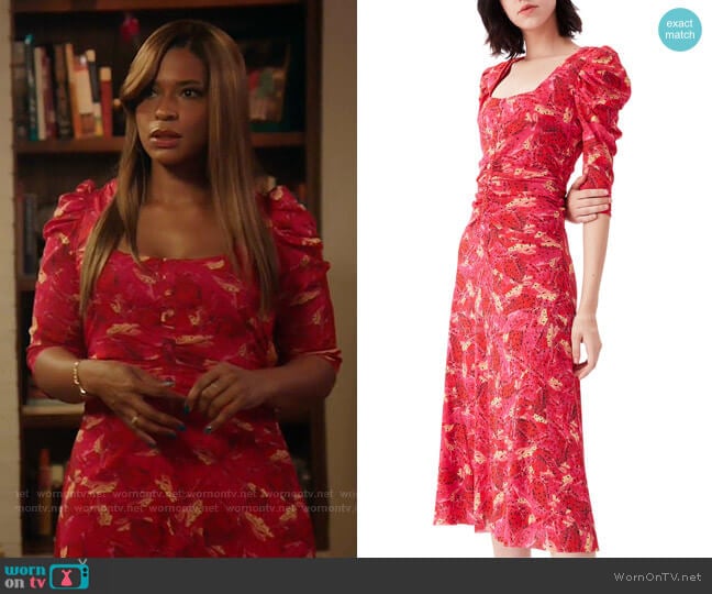 Abra Ruched Butterfly-Printed Midi Dress by Diane Von Furstenberg worn by Mika (Kimrie Lewis) on Kenan