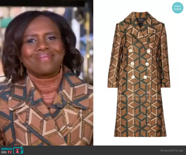 Double-Breasted Metallic Jacquard Coat by Gucci worn by Deborah Roberts on Good Morning America