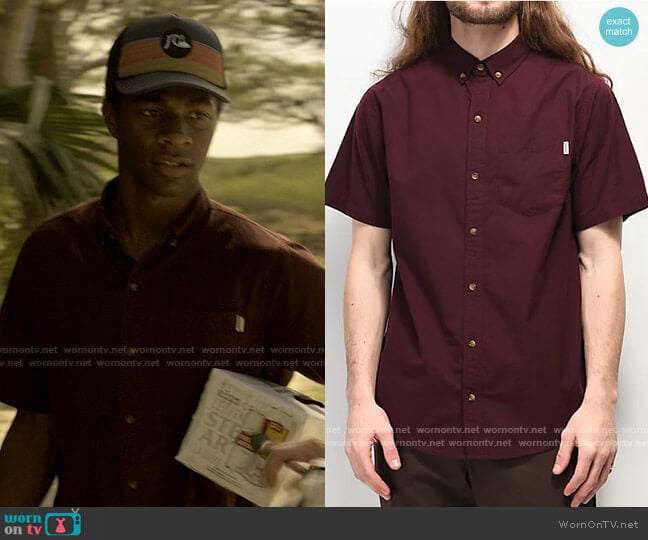 Dravus Robby Dark Red Woven Short Sleeve Button Up Shirt worn by Pope (Jonathan Daviss) on Outer Banks