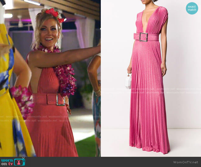 Plunge-Neck Pleated Metallic Gown by Elisabetta Franchi worn by Stephanie Hollman on The Real Housewives of Dallas