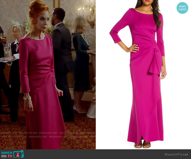 Eliza J Techno Pleated Scuba Trumpet Gown worn by Sheila (Swoosie Kurtz) on Call Me Kat