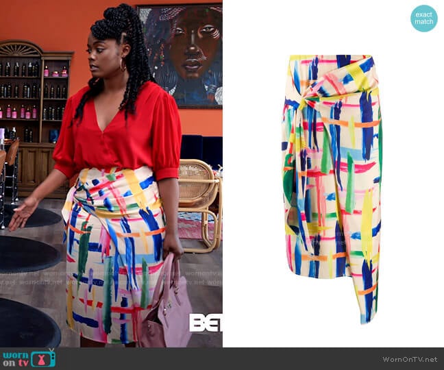 Essentiel Antwerp Abstract Print Wrap Skirt worn by Sabrina Hollins (Novi Brown) on Tyler Perrys Sistas